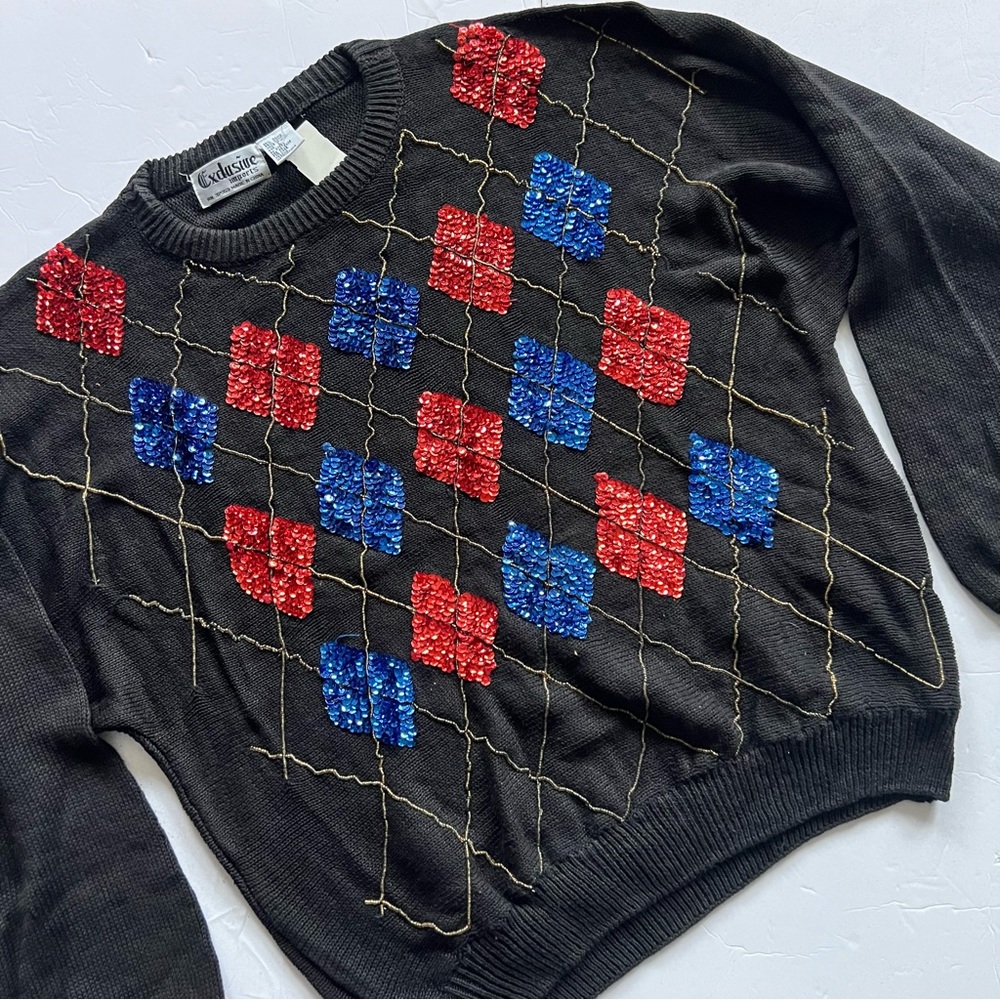 Exclusive Imports Sequins Sweater Women’s Size L Black Blue Red Diamonds Pattern